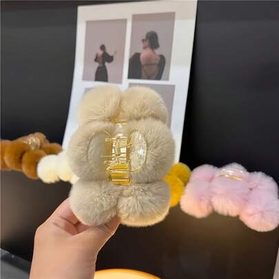 2 duże pluszowe spinki do włosów z uszami królika – urocze, bańkowe, spinki do kucyków dla kobiet i dziewcząt, w zestawie puszyste akcesoria do włosów, jednolite kolory, odpowiednie na jesień/zimę