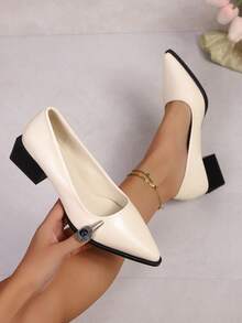 Women's High Heels, Pointed Toe, Thick Heel, Solid Color Design, Simple Style, Simple And Gorgeous, Casual And Comfortable, Suitable For Home Office, Daily Travel, Christmas, Halloween Wear, Multiple Colors Available, Daily Commuting. - 米色 - 查看 2