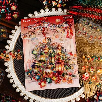 15 قطعة/عبوة ملصقات بتصميم ديكور عيد الميلاد الفينتاج من البولي إيثيلين التيريفثالات للكمبيوتر المحمول، غطاء الهاتف، الحقائب، لوح التزلج، تجميع الصور، ديكور المنزل، DIY، ملصقات عيد الميلاد