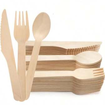50/100 一次性木制餐具套装，叉子、刀子、蛋糕勺子、甜点勺子、冰淇淋勺子，非常适合家庭、户外、节日、万圣节、圣诞节和其他节日派对。