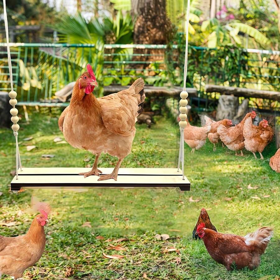 Natural Wooden Bird Swing Toy With Beads - Heavy-Duty Hanging Perch & Chewing Activity For Parrots, Chickens, Roosters - Applewood Construction, Beads For Mental Stimulation & Beak Health - Ideal For Large Birds, Pet Birds, Farm Animals - Cage/Aviary Decor, Rustic Design, Durable Construction