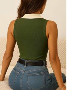 Women's Polo Neck Tank Top, Two-Tone Cotton, Sleeveless, Elegant - verde militar - Ver 2