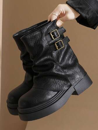 2025 New Spring/Autumn British Style Women's Boots, Retro Mid-Calf Boots, Thick Sole Black Short Boots