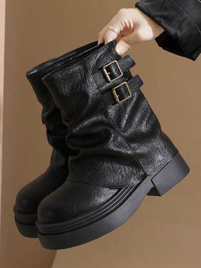 2025 New Spring/Autumn British Style Women's Boots, Retro Mid-Calf Boots, Thick Sole Black Short Boots