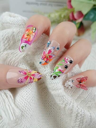 24 pezzi di unghie finte a mandorla con punte francesi, stile Y2K, colore rosa antico medio sfumato, con glitter, motivi geometrici, strisce, stampe floreali e farfalle, rosso e nero con pois, con brillantini, riutilizzabili, con 24 pezzi di linguette in gel e una mini lima inclusi.