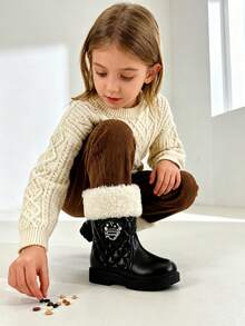 2024冬季新款女童复古菱形毛绒短靴，黑色PU亮面仿毛皮翻边厚底雪地靴，金属装饰防滑保暖靴，日常、校园、派对、冬季郊游必备 - 备受好评的舒适儿童靴 - 黑色 - 查看 9
