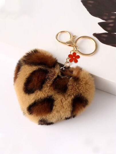 1pcFashionable Retro Personalized Leopard Print Heart-Shaped Plush Ball Keychain, Alloy Heart-Shaped Chain Bag Accessories/Car Keychain/Bag Keychain, Bag Accessories, Bag Medals, Bag Medals, Suitable Gifts For Friends, Valentine's Day Gifts, Christmas Gifts, New Year Gifts