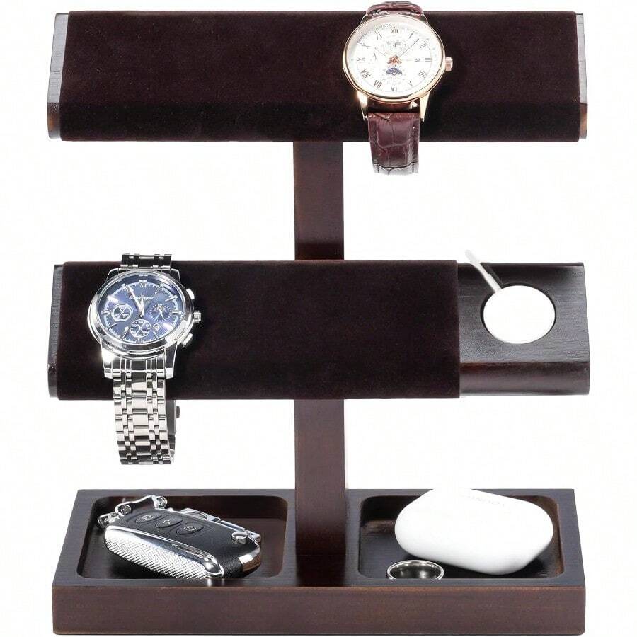 ProCase Wood Watch Display Stand Holder For Men Wristwatch Tower With TBar Design Hanging Rack Wooden Wrist Watch Tree 2 Tiers Darkbrown