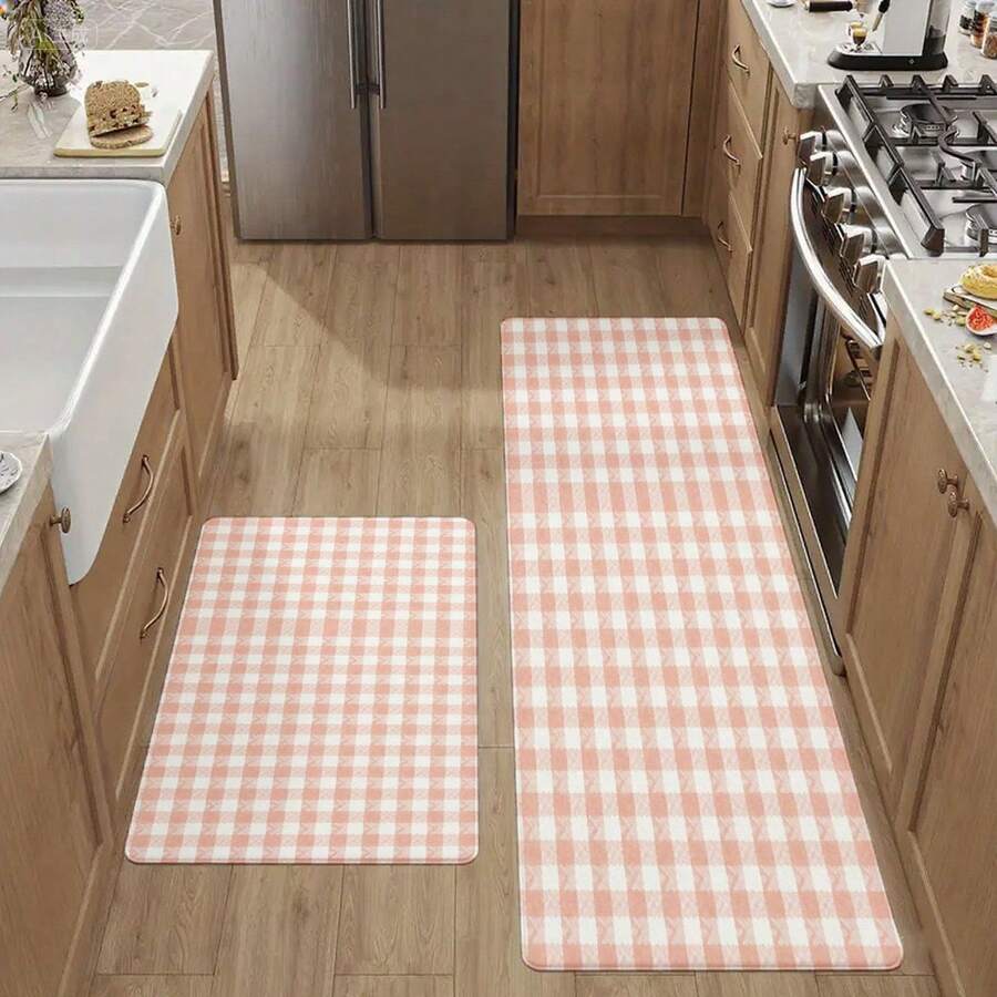 Pink And White Gingham Kitchen Mat, Non-Slip Washable Floor Runner, Soft Absorbent Carpet For Kitchen, Dining Room, Entryway - Ideal For Home Decor, Easy To Clean And Durable - Nhiều màu - Xem 1