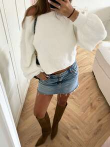 Women's Off-Shoulder Knit Cropped Pullover Sweater With Puff Sleeves, Medium Stretch