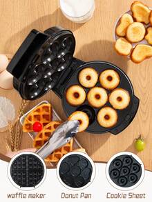 600W 三合一华夫饼机，带可更换盘子 - 不粘双加热，小巧便携，适用于华夫饼/饼干/甜甜圈，可拆卸和可清洗，节省空间的设计，易于清洁，多功能早餐机 - 黑色 - 查看 2
