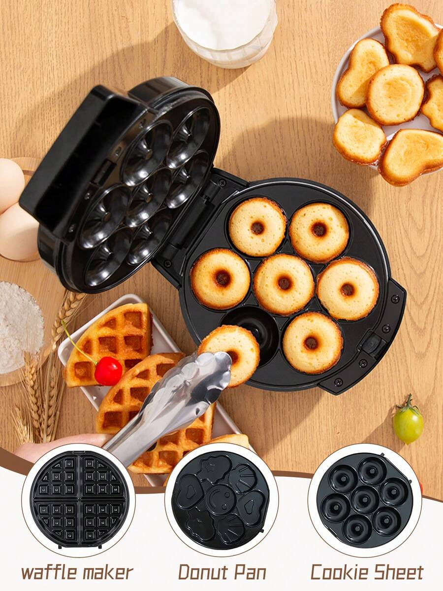 600W 三合一华夫饼机，带可更换盘子 - 不粘双加热，小巧便携，适用于华夫饼/饼干/甜甜圈，可拆卸和可清洗，节省空间的设计，易于清洁，多功能早餐机