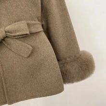 OFTBUY Solid Color Wool & Faux Fur Patchwork Belted Loose Fit Woolen Jacket, Casual For Daily, Airport, Holiday, Travel In Autumn/Winter - Apricot - View 11