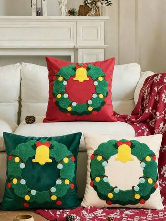 1 件圣诞花环装饰枕套，奢华天鹅绒绣有蝴蝶结和圣诞铃铛，适合米色沙发、冬季和圣诞节装饰（不含枕芯）