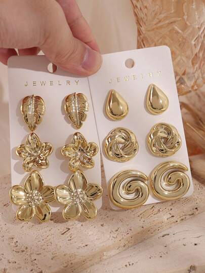 6/12pcs Fashionable Metallic Flower & Teardrop Multi-Element Stud Earrings, Women's Stylish Earrings, Lightweight CCB Material For Daily Wear
