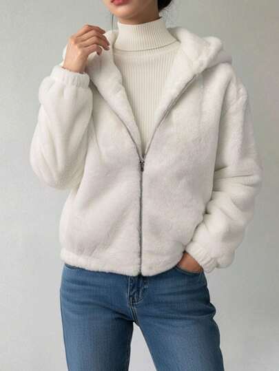 معطف شتوي نسائي مبطن بفرو اصطناعي ذو لون أحادي، لطيف وناعم