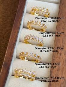 5 件套优雅奢华花卉、树叶、几何铜微镶嵌合成锆石戒指套装，适合度假、派对、婚礼、日常佩戴 - 金黃色 - 查看 4