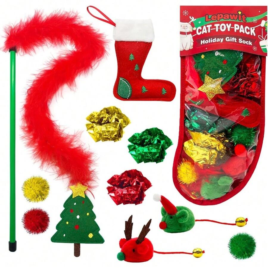 3 Pack Cat Wand Toy, Rainbow Cat Feather Toys With Bells, Teaser Wand With Soft Furry Tail, Interactive Toys For Indoor Cats & Kitten & Kitty - G-聖誕節-10件 - 查看 1