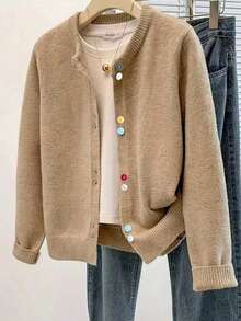 Women's Knitted Cardigan, Colorful Button, Solid Color, Casual, Spring/Autumn