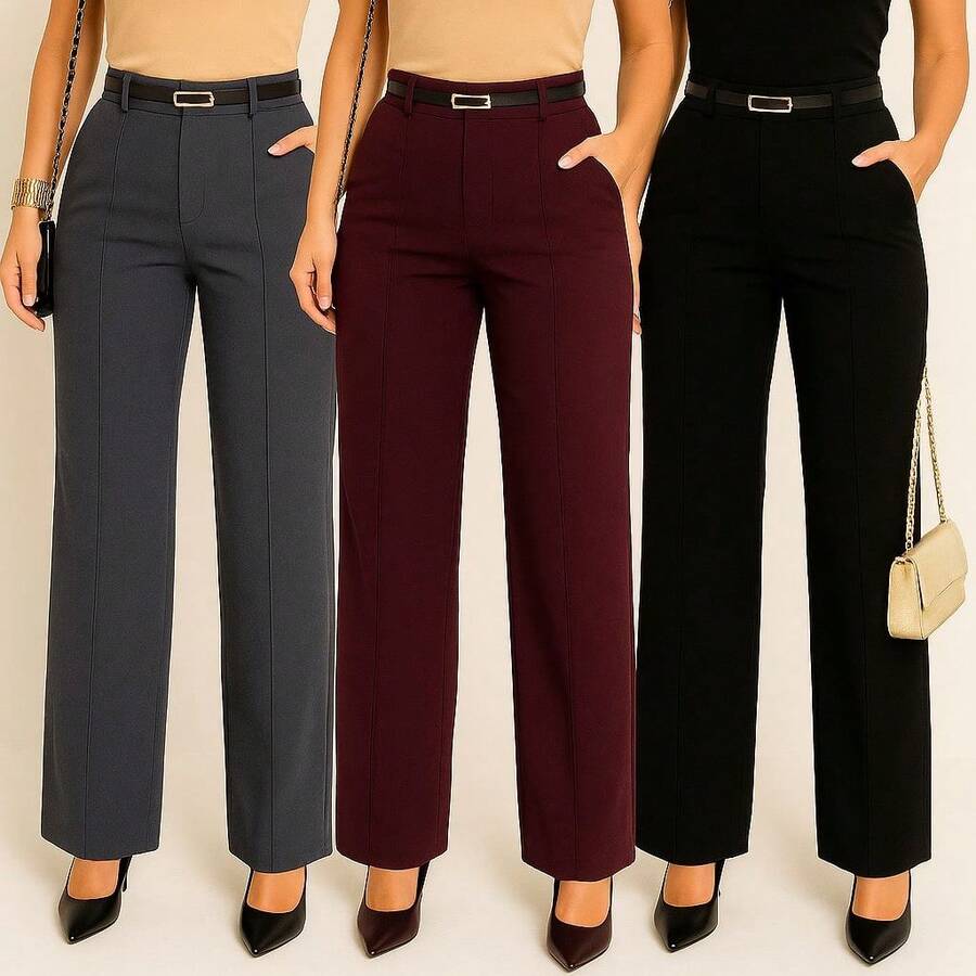 Kit 3 Tailored Pantaloon Trousers With Belt - 灰色 / 酒紅色 / 黑色 - 查看 1