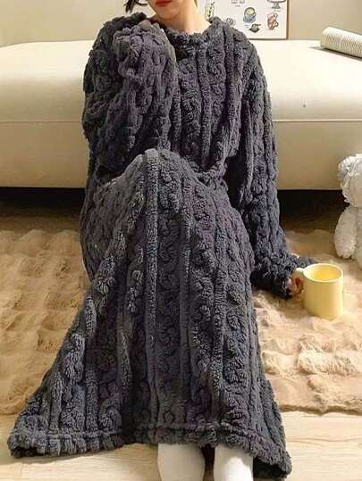 1 件珊瑚色保暖长袍浴袍新款冬季大码睡衣保暖家居服保暖内衬长袖圆领浴袍秋冬女士休闲连衣裙