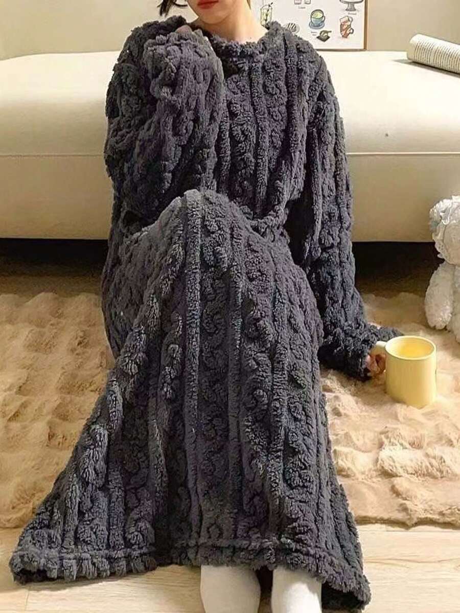1PC Coral Thermal Robe Bathrobe New Winter Plus Size Pajamas Warm Homewear Thermal Lined Long Sleeve Crew Neck Bathrobe Fall/Winter Women's Casual Dress - Multicolor - View 1
