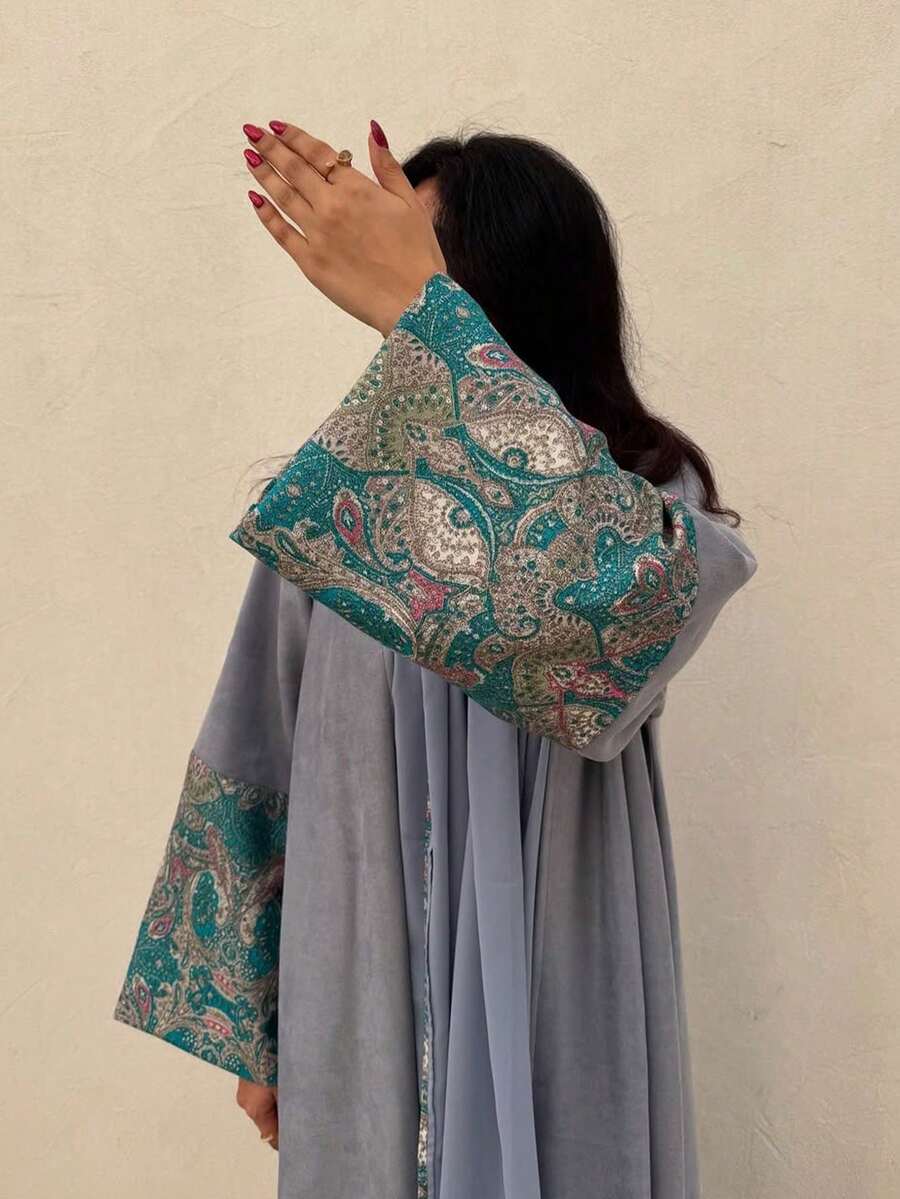 优雅复古女士长袍，佩斯利花纹袖口纯色长袍，宽松休闲阿拉伯长袍开衫，适合日常穿着（不含头巾）春季 - 淺藍色 - 查看 1