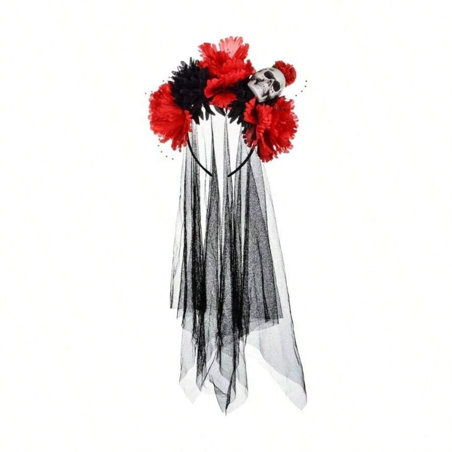 Women's Dia De Los Muertos Flower Costume Headpiece Halloween Day Of Dead Costume Headband - 骷髏紅和黑色+均碼 - 查看 1