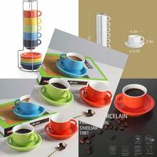 2.5Oz Porcelain Espro Cup Saucer Set Stackable Demitasse Cups With Metal Stand Coffee Cafe Mocha Tea Latte Set Of 6 Multicolour