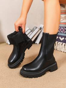 Women's Chunky Heel Chelsea Boots, Black Mid-Calf Shaft Warm Lined Ankle Boots For Spring & Autumn - Black - View 2