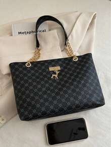 Large Capacity Handbag For Women, New Fashion Vintage Chain Shoulder Tote Bag, Printed Casual Travel Bags