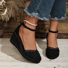 透气套脚坡跟凉鞋，饰有绳索，时尚舒适 - 全黑色 - 查看 12