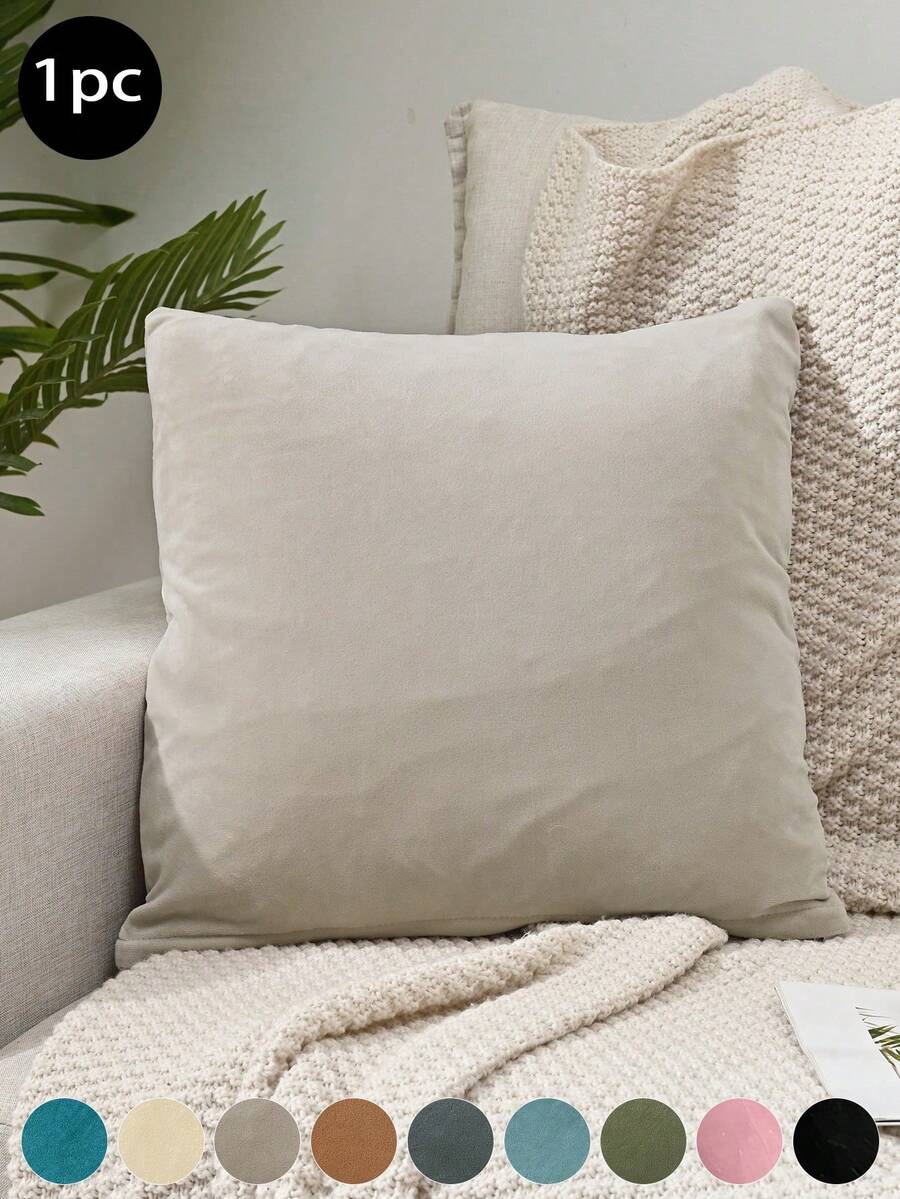 1 pièce Housse de coussin en peluche de renard argenté de couleur unie, simple, résistante à la saleté, amovible et lavable. Taie d'oreiller décorative pour la chambre, le salon, le canapé (insert de coussin non inclus), Champagne, Noir