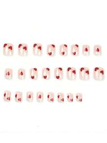24pcs Y2K Nude Pink Short Square False Nails, Red Heart & White Polka Dot Design, Full Cover Fake Nail Set, Includes 1 Nail File & 1 Nail Glue Sticker, Suitable As Manicure Gift For Girls & Moms, Also Suitable For Wholesale Nail Supplies, Can Be Worn For Holidays, Parties, Dates And Daily Use. - 粉色 - 查看 3