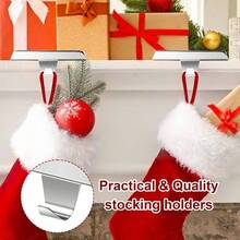 4PCS Stocking Holders Set Include Black Metal Stocking Hangers Wooden Ornaments Weighted Non - Slip Hanging Hooks Fireplace Mantel Decor