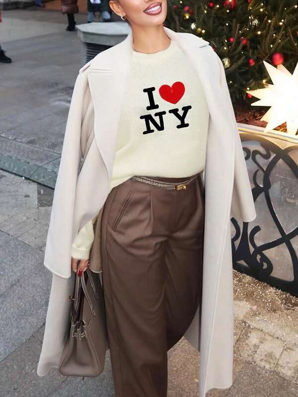 Women's Autumn And Winter Casual Loose Sweater, 'I Love NEW YORK' Pattern Embroidered Sweater, Chill Street Style, Tops For All Seasons, Suitable For Home Leisure, Dating, Vacation, Street, Hang Out, Office Style, Suitable For Christmas Parties, Halloween Parties, New Year Parties And Other Occasions.