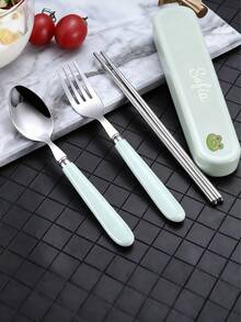 便携式不锈钢定制餐具套装 - 筷子、勺子、叉子，适合户外旅行、学生用餐、定制圣诞节和万圣节礼物