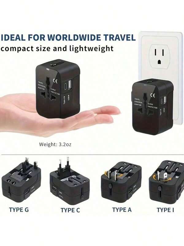 Universal Travel Adapter With 1 USB & 1 Type-C Charging Port, 100-240V Input, Power Adapter For Computer Accessories, US/UK/AU Plugs, Surge Protection, Suitable For Over 150 Countries, Essential For Business Trip & Travel, For Laptop, Tablet, Notebook