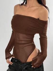 Off-The-Shoulder Tulle Bodysuit Drop-Shoulder Tulle Bodysuit Simple Elegant Party Transparent Bodysuit - Rỉ Nâu - Xem 4