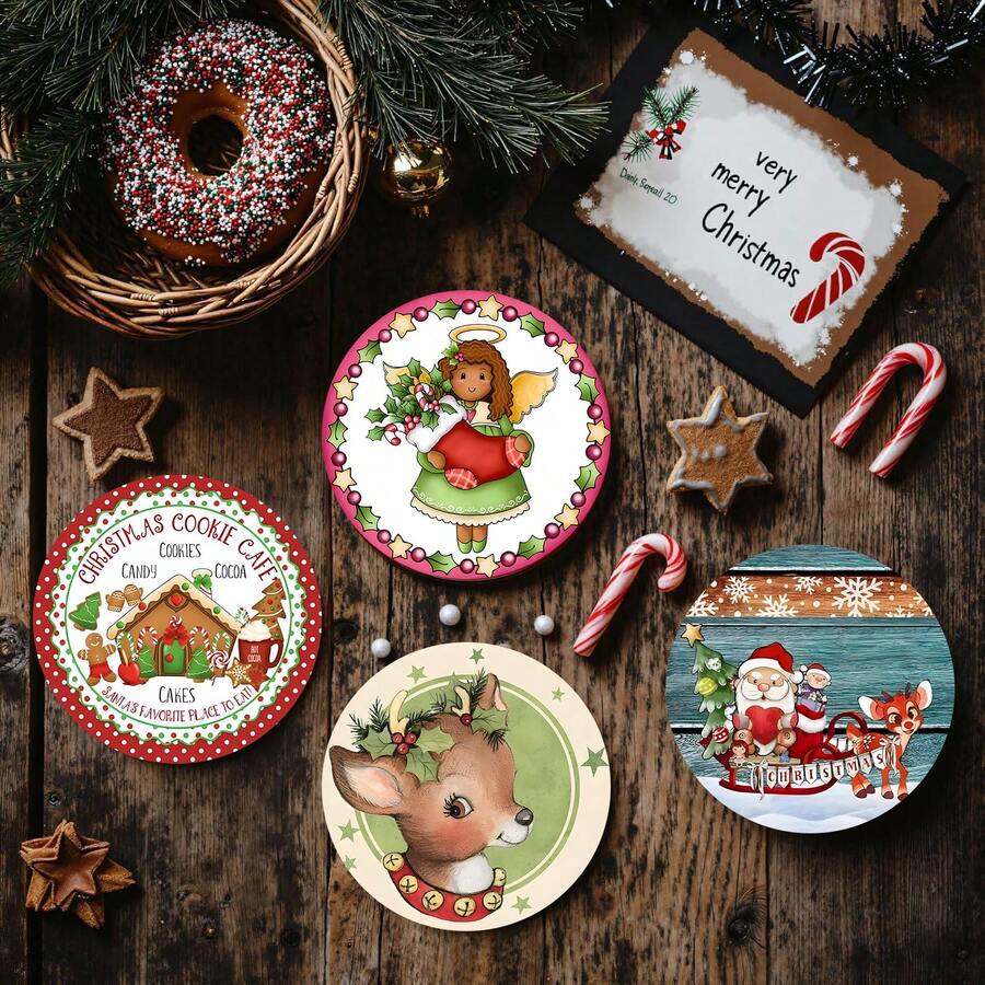 4pcs/8pcs Christmas Themed Coasters, Christmas Pattern Absorbent Pads For Coffee, Drinks, Kitchen, Table, Room, Bar Decor, Holiday Gifts