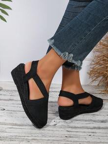 Breathable, Lightweight And Fashionable Rope Wedge Sandals With Closed Toe And Heel Design - All Black - View 5