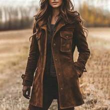 Women's Vintage Brown Suede  With Collar & Full-Length Zipper - Mid-Length Warm Coat For Fall/Winter, Casual Outerwear, Hand Washable Elegant Brown Suede Casual Blazer - Nâu sẫm - Xem 1