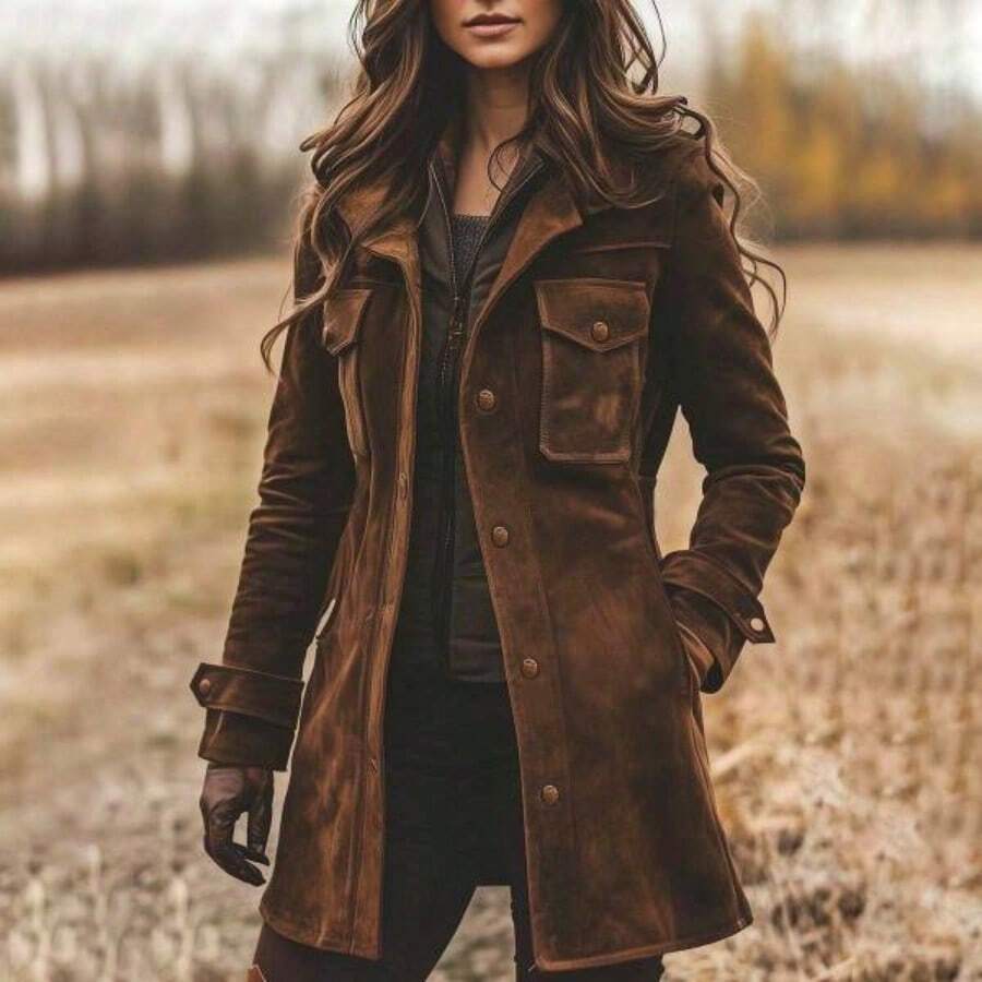 Women's Vintage Brown Suede  With Collar & Full-Length Zipper - Mid-Length Warm Coat For Fall/Winter, Casual Outerwear, Hand Washable Elegant Brown Suede Casual Blazer - Nâu sẫm - Xem 1