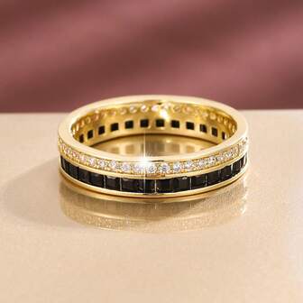 1pc Minimalist Geometric Black & White Double Row Design Cubic Zirconia Women's Ring, Casual Gift