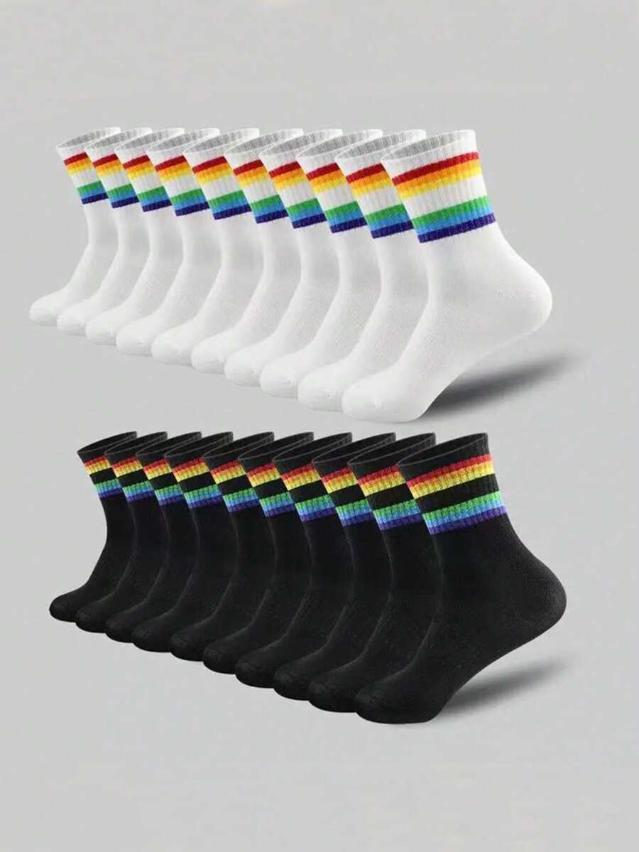 10 Pares de Meias Pretas e Brancas Arco-íris Femininas, Estilo Universitário, Adequadas para Campus e Uso Esportivo