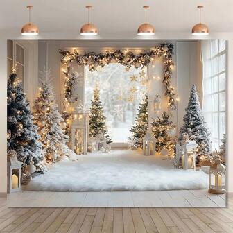 1 Piece Of Winter Christmas Background Cloth With Snow Trees, White Branches And Leaves, And Flashing Light Strings - Large Arched Window Design, Hanging Lantern Shaped Decorations - Durable, Suitable For Holiday Party Decoration