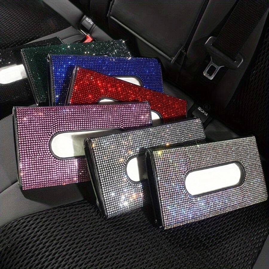 [Caja de Rhinestone Glamorosa] Caja de pañuelos para visera de coche con rhinestones - Decoración interior de coche glamorosa - Bolsa de almacenamiento de pañuelos brillante y con destellos para el respaldo del asiento - Unitalla - Ver 1