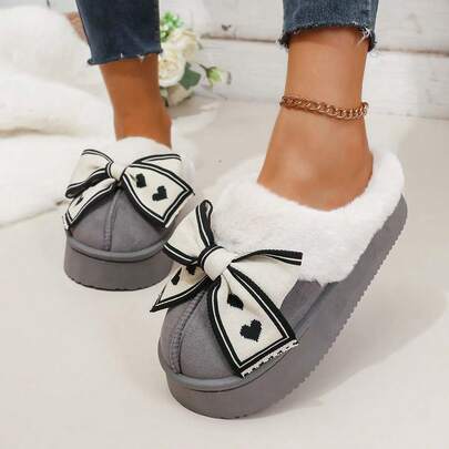 冬季新款保暖毛绒甜心蝴蝶结室内家居毛绒拖鞋，时尚百搭简约舒适毛绒户外拖鞋