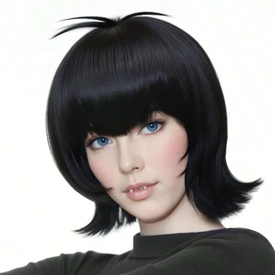 DShort Black Flip Wig +Hair Cap+2 Fangs Short Straight Black Bob Wig For Women 60s 70s 80s Party Wigs For Anime Movie Mavis Cosplay Costume For Halloween Christmas Themed Party Costume Outfit - Black - 查看 1