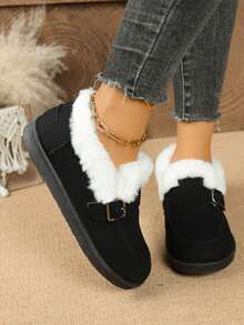 Minimalist -On-On Snow Boots, Women's Black & Brown Suede Boots With Soft Lining And Buckle Decor, Cloud-Like Comfortable Winter Boots,Fur Boots - Black - View 6